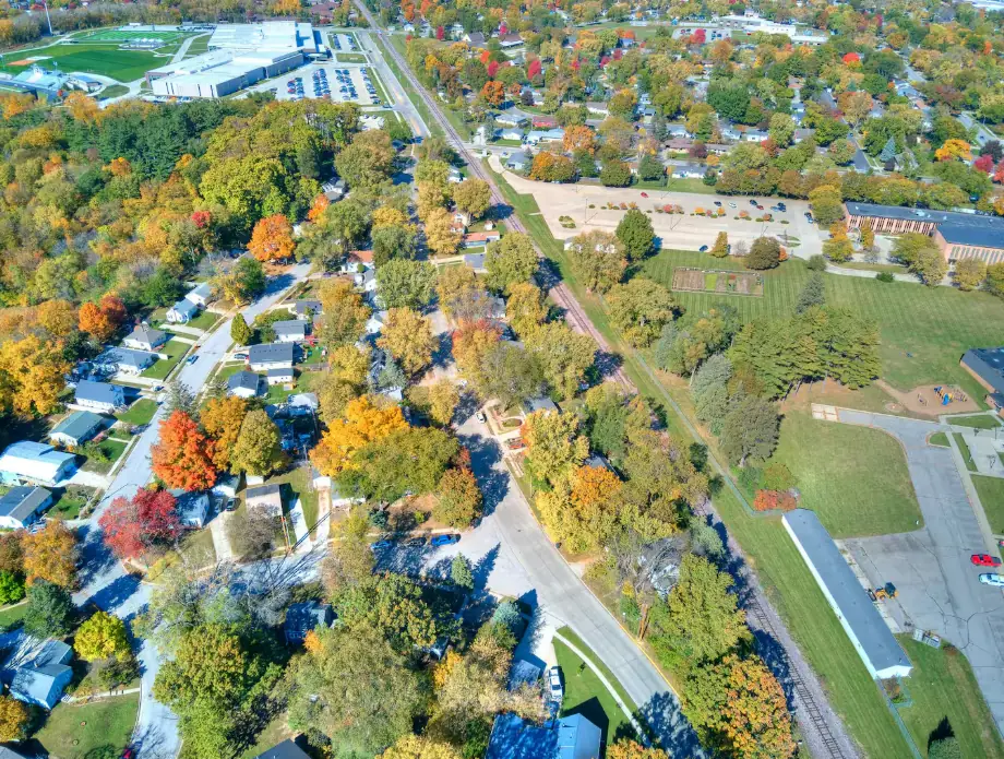 Aerial view of a Central Iowa rental property and neighborhood — short term rental regulations iowa